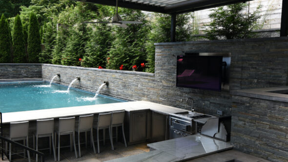 Outdoor Spa, sunken kitchen, TV, pool, flagstone wall, solar powered pergola.