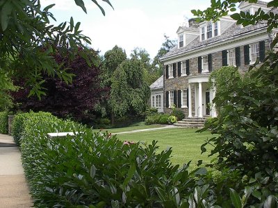Green front yard with lush shrubbery