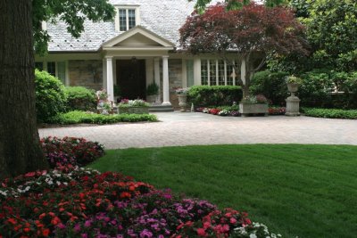 Green grass and colorful annuals