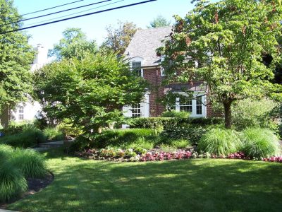 Lush front yard with border plantings